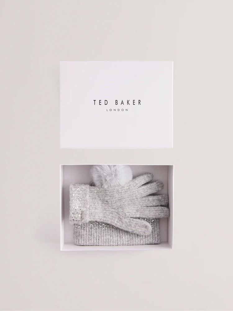 Ted Baker Grey Keriis Rhinestone Knitted Hat And Gloves Set - Image 1 of 3 Ted Baker Grey Keriis Rhinestone Knitted Hat And Gloves Set - Image 1 of 3