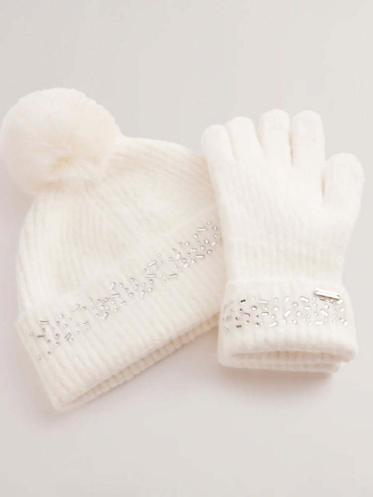 Ted Baker Cream Keriis Rhinestone Knitted Hat And Gloves Set - Image 2 of 3 Ted Baker Cream Keriis Rhinestone Knitted Hat And Gloves Set - Image 2 of 3