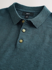 Teal Blue Regular Fit Knitted Short Sleeve Polo Shirt With Linen - Image 3 of 3