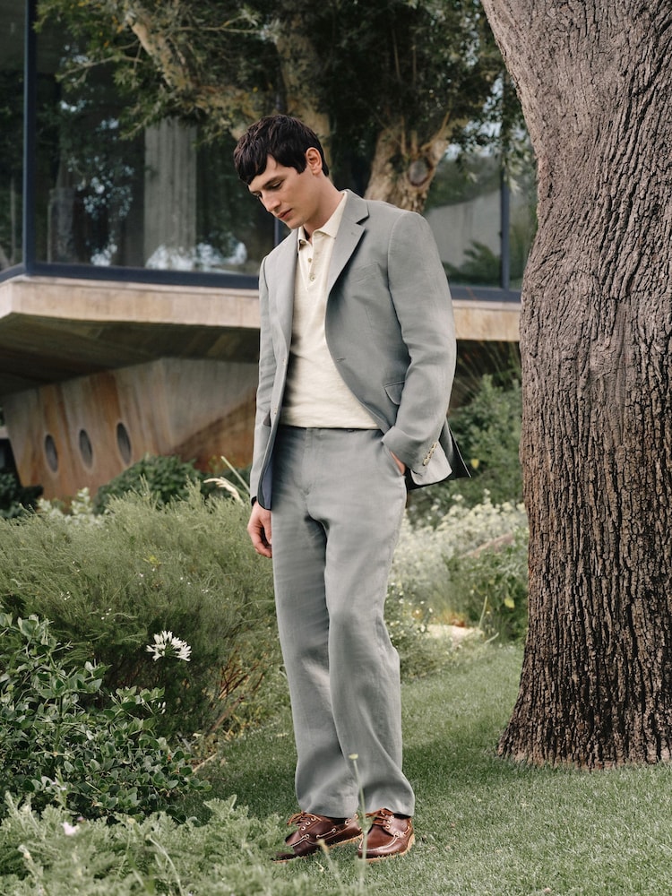 Oatmeal Regular Fit Knitted Short Sleeve Polo Shirt With Linen - Image 2 of 7