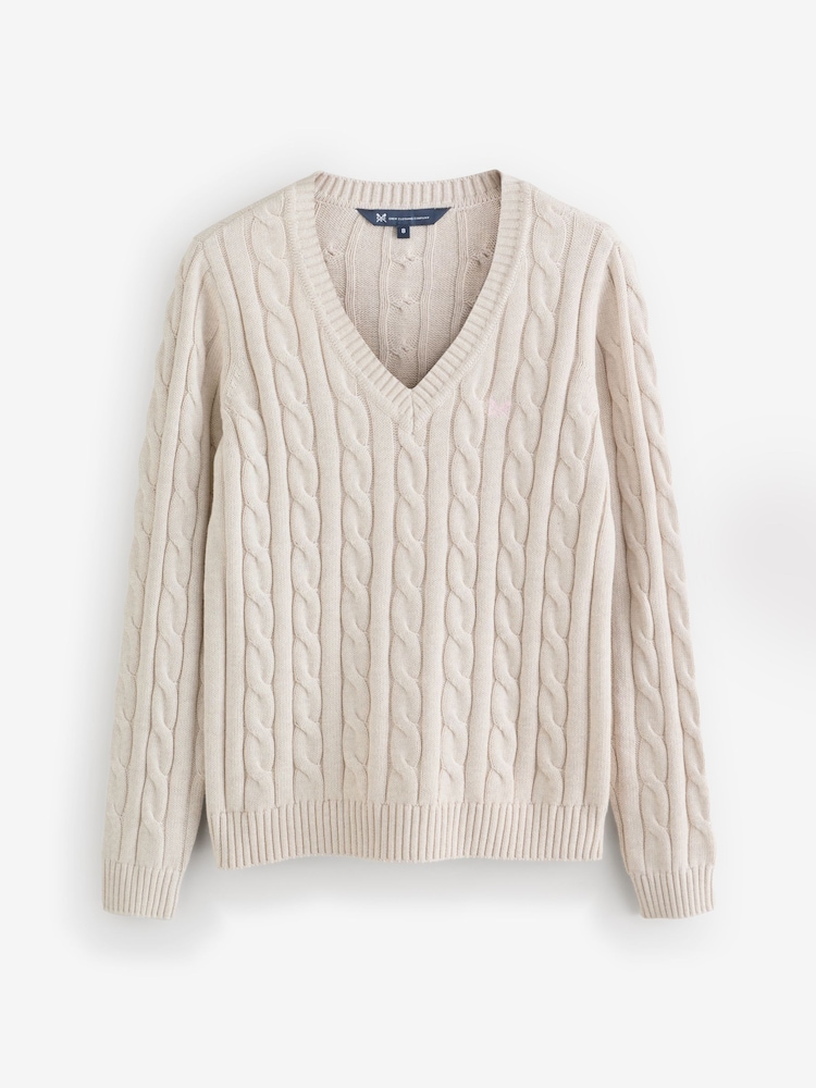 Crew Clothing Natural V-Neck Chunky Heritage Cable Jumper - Image 1 of 1 Crew Clothing Natural V-Neck Chunky Heritage Cable Jumper - Image 1 of 1