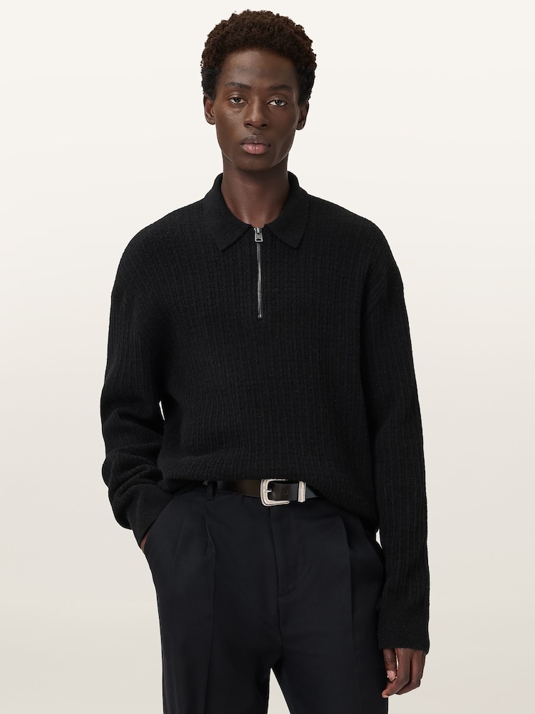 AllSaints Black Jakob Long Sleeve Polo Shirt - Image 1 of 7 AllSaints Black Jakob Long Sleeve Polo Shirt - Image 1 of 7