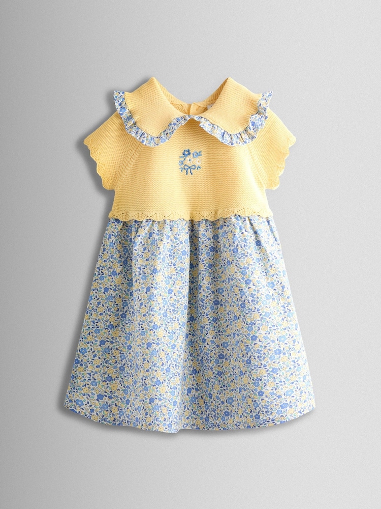 JoJo Maman Bébé Yellow Floral Embroidered Frill Collar Knitted Combo Dress - Image 1 of 4