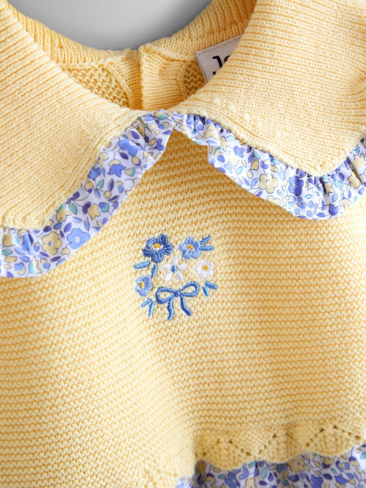 JoJo Maman Bébé Yellow Floral Embroidered Frill Collar Knitted Combo Dress - Image 2 of 4