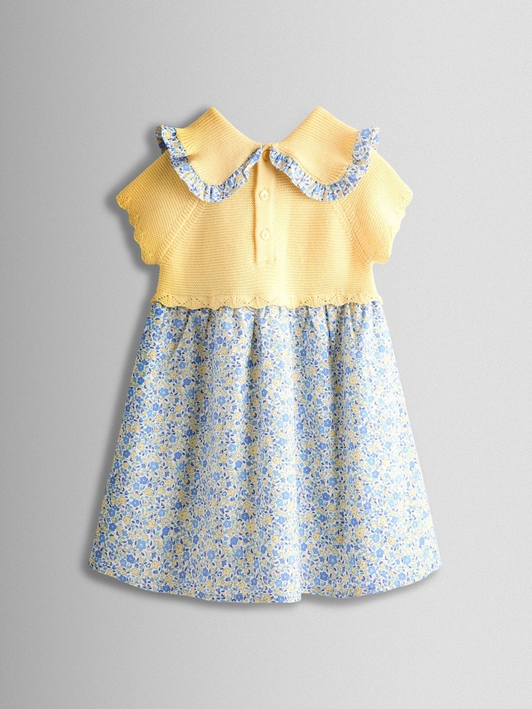 JoJo Maman Bébé Yellow Floral Embroidered Frill Collar Knitted Combo Dress - Image 4 of 4
