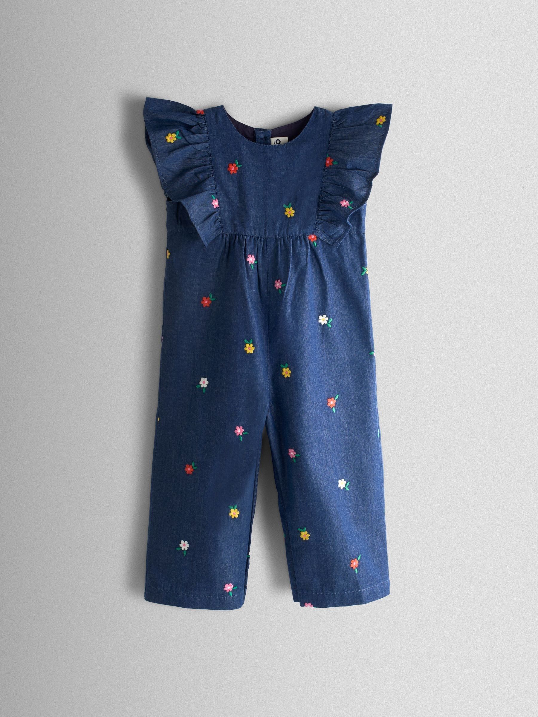 Jojo Maman Bébé Blue Chambray Embroidered Frill Sleeve Jumpsuit