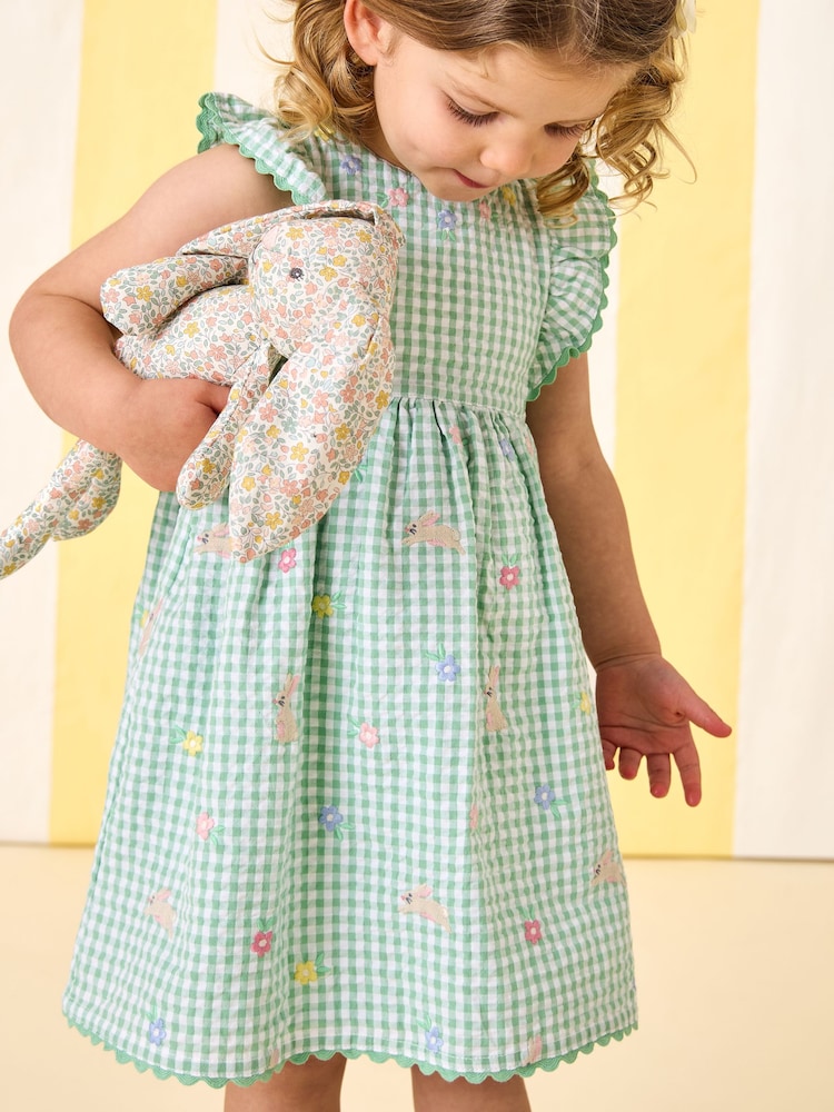 JoJo Maman Bébé Bunny and Flower Embroidered Frill Shoulder Dress - Imaginea 1 din 1 JoJo Maman Bébé Bunny and Flower Embroidered Frill Shoulder Dress - Imaginea 1 din 1