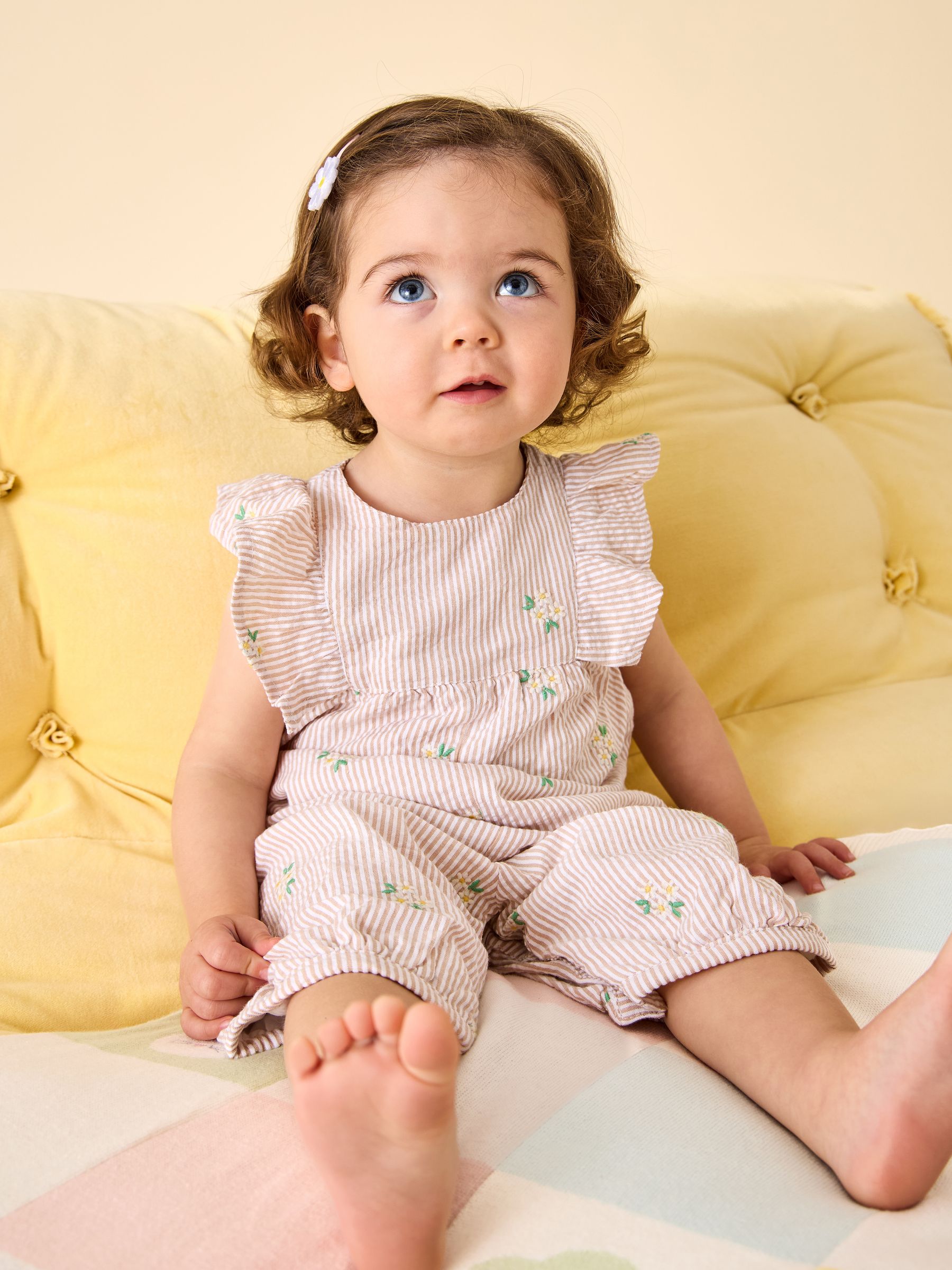 Jojo Maman Bébé Natural Frill Shoulder Embroidered Romper