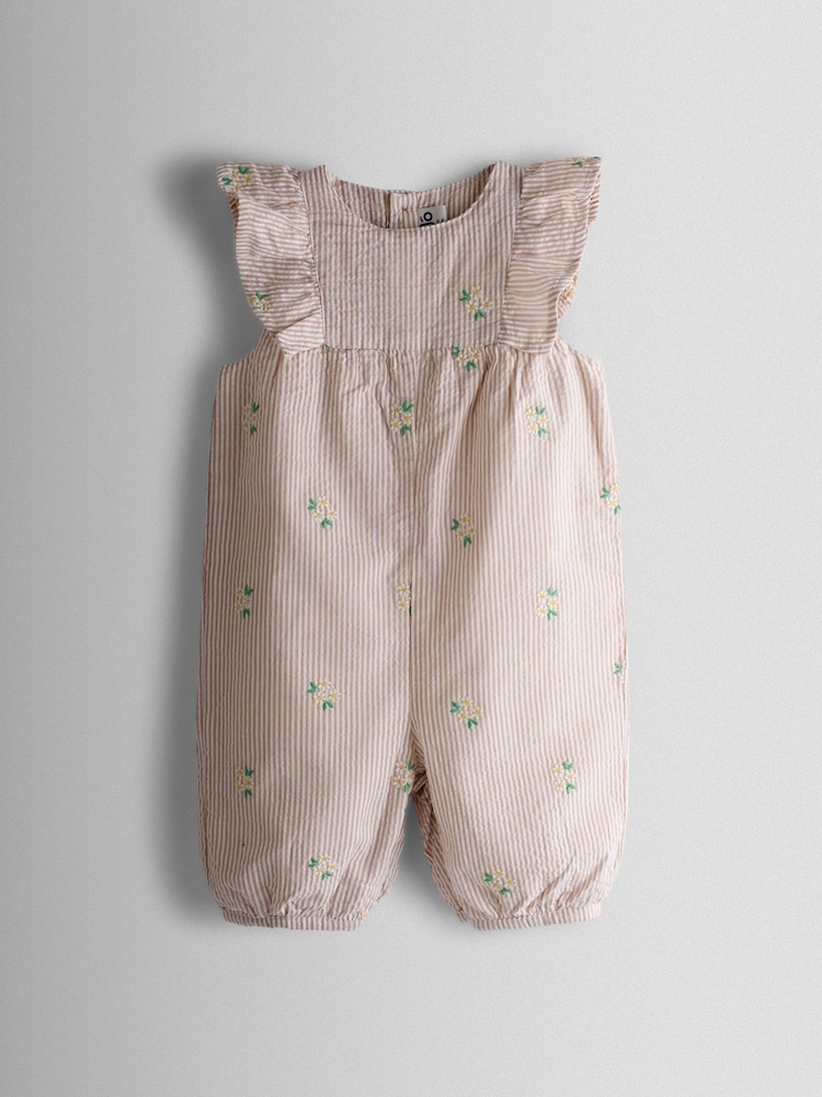 JoJo Maman Bébé Natural Frill Shoulder Embroidered Romper - Image 1 of 4 JoJo Maman Bébé Natural Frill Shoulder Embroidered Romper - Image 1 of 4