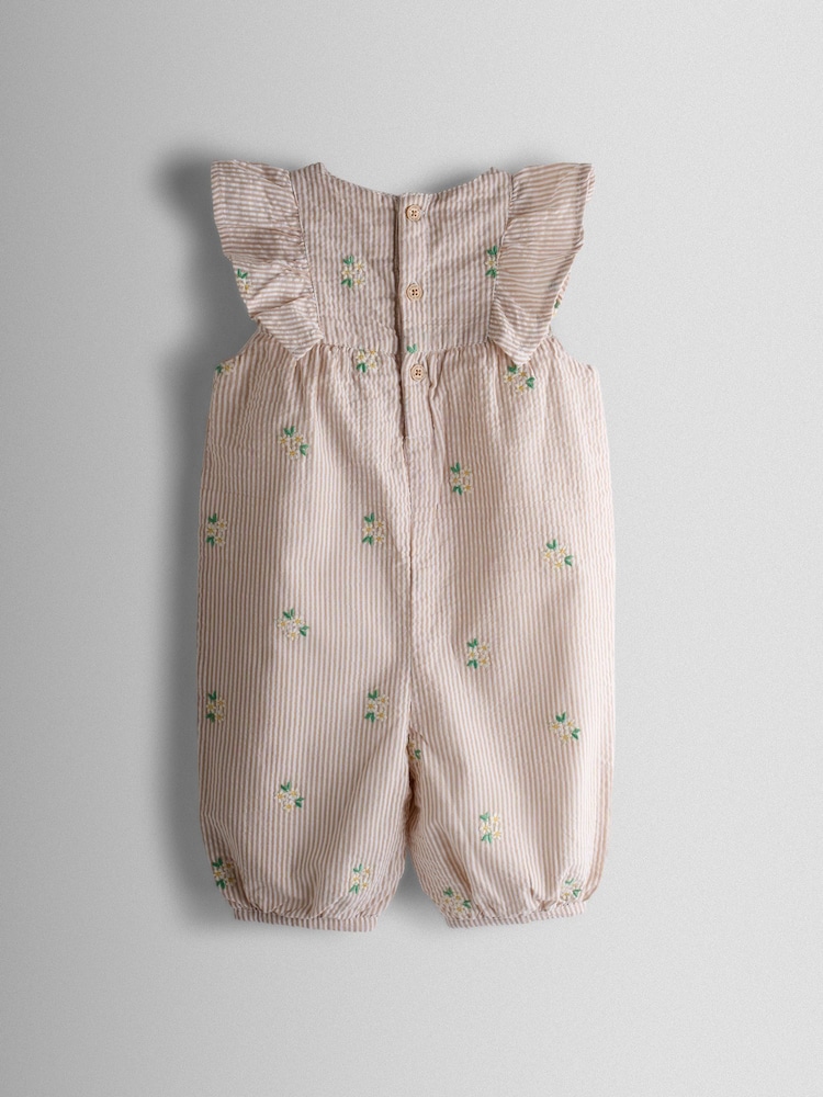 JoJo Maman Bébé Natural Frill Shoulder Embroidered Romper - Image 2 of 4 JoJo Maman Bébé Natural Frill Shoulder Embroidered Romper - Image 2 of 4