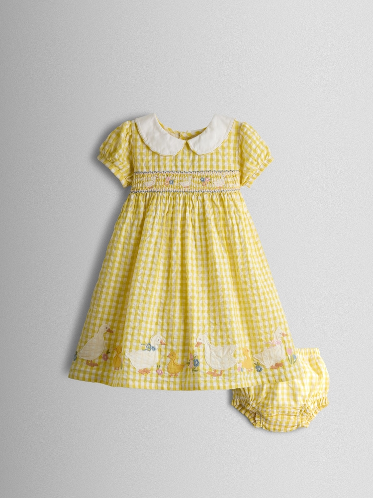 JoJo Maman Bébé Yellow Duck Appliqué Smocked Dress - Image 1 of 8 JoJo Maman Bébé Yellow Duck Appliqué Smocked Dress - Image 1 of 8