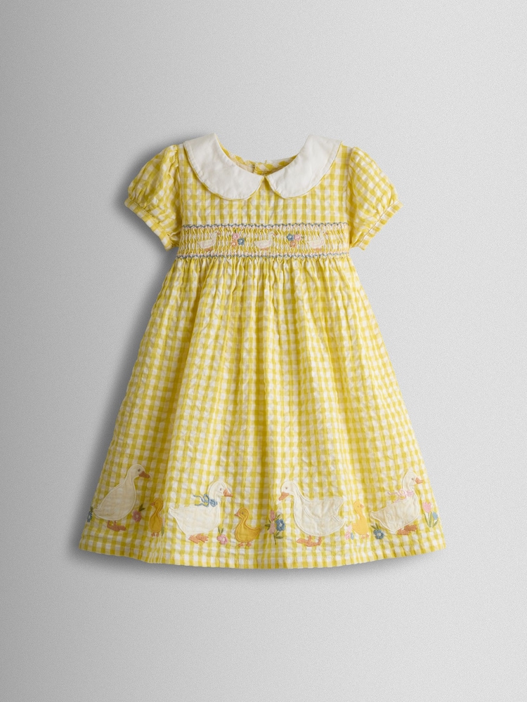 JoJo Maman Bébé Yellow Duck Appliqué Smocked Dress - Image 2 of 8 JoJo Maman Bébé Yellow Duck Appliqué Smocked Dress - Image 2 of 8