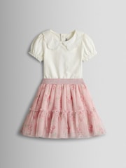 JoJo Maman Bébé Rose Pink Broderie Collar T-Shirt & Printed Tulle Skirt Set - Image 1 of 7