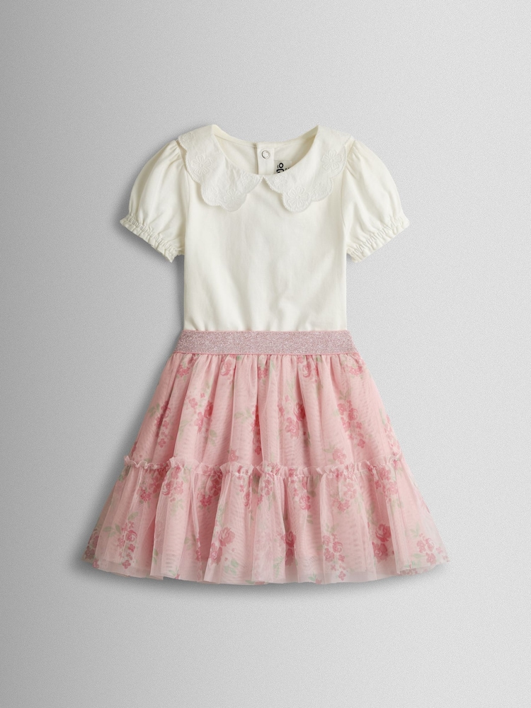 JoJo Maman Bébé Rose Pink Broderie Collar T-Shirt & Printed Tulle Skirt Set - Image 1 of 7