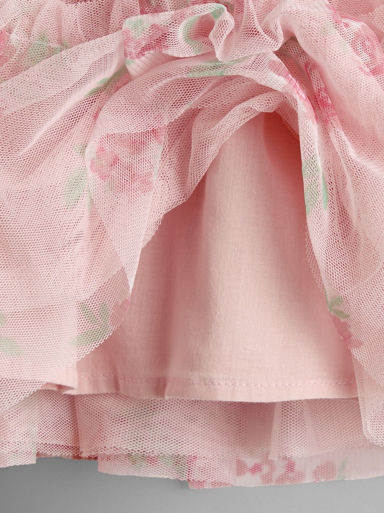JoJo Maman Bébé Rose Pink Broderie Collar T-Shirt & Printed Tulle Skirt Set - Image 7 of 7