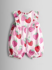 JoJo Maman Bébé Pink Strawberry Ruffle Shoulder Romper - Image 1 of 3
