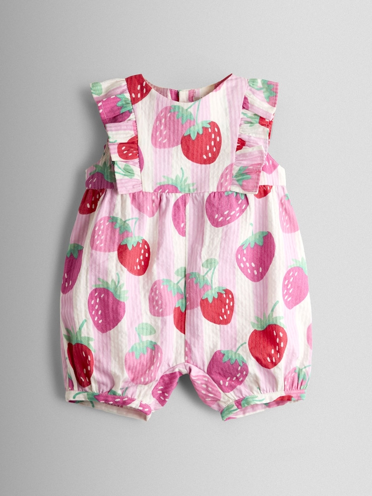 JoJo Maman Bébé Pink Strawberry Ruffle Shoulder Romper - Image 1 of 3