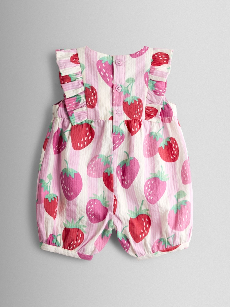 JoJo Maman Bébé Pink Strawberry Ruffle Shoulder Romper - Image 2 of 3