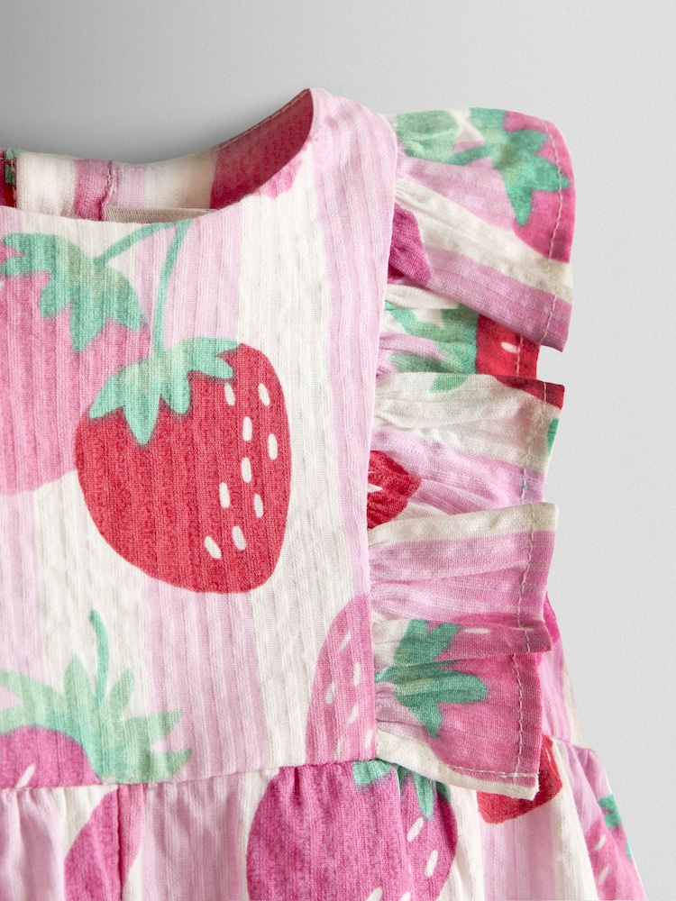 JoJo Maman Bébé Pink Strawberry Ruffle Shoulder Romper - Image 3 of 3