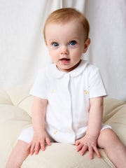 JoJo Maman Bébé White Duck Embroidered Organic Cotton Short Sleeve Sleepsuit - Image 1 of 2