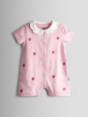 JoJo Maman Bébé Pink Strawberry Embroidered Organic Cotton Short Sleeve Sleepsuit - Image 2 of 4
