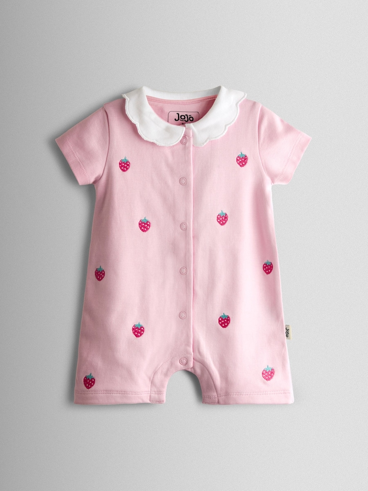 JoJo Maman Bébé Pink Strawberry Embroidered Organic Cotton Short Sleeve Sleepsuit - Image 2 of 4