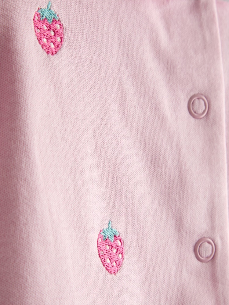 JoJo Maman Bébé Pink Strawberry Embroidered Organic Cotton Short Sleeve Sleepsuit - Image 4 of 4