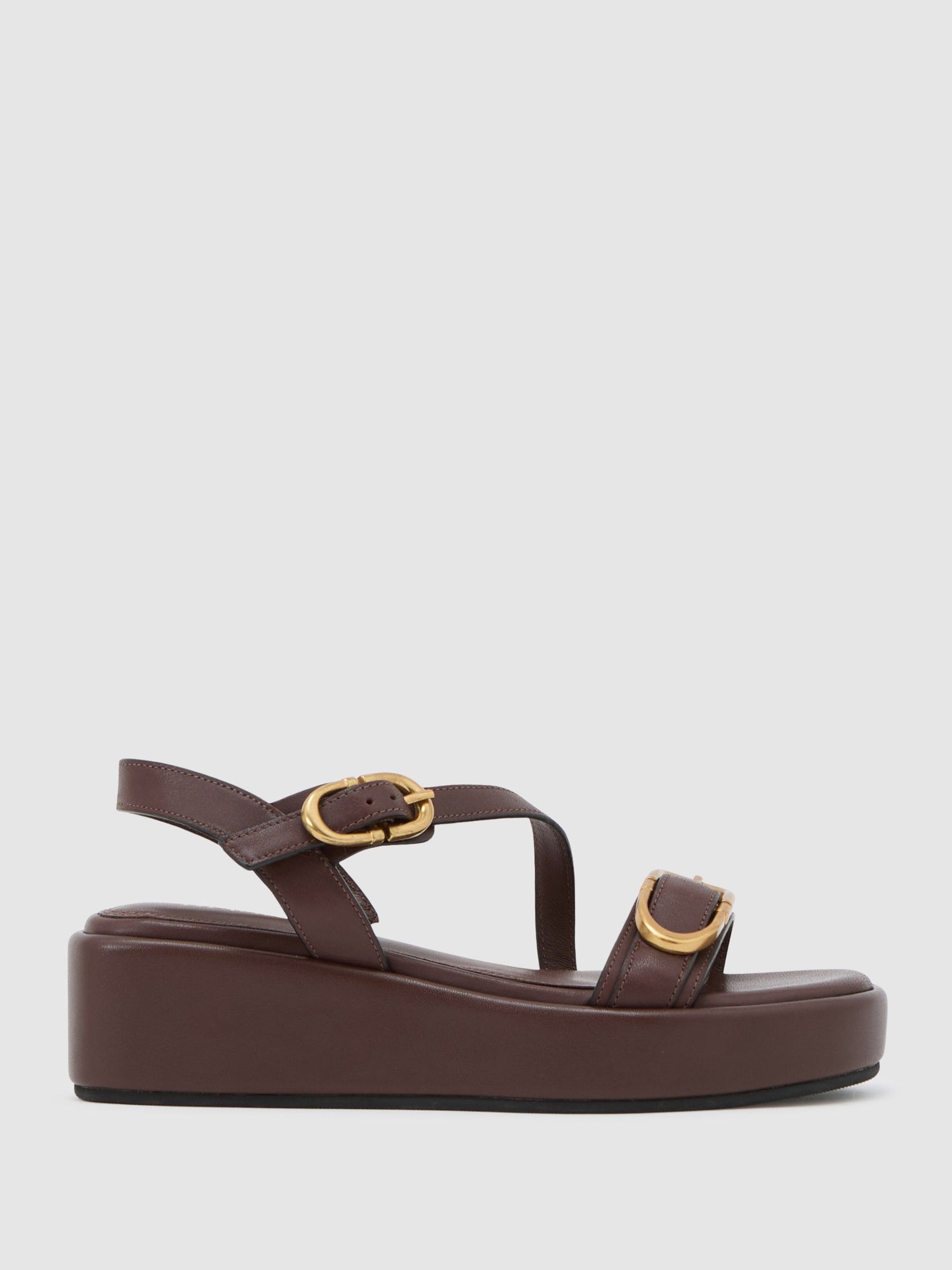 Reiss Chocolate Leather Double-buckle Flatform Sandals In Brown