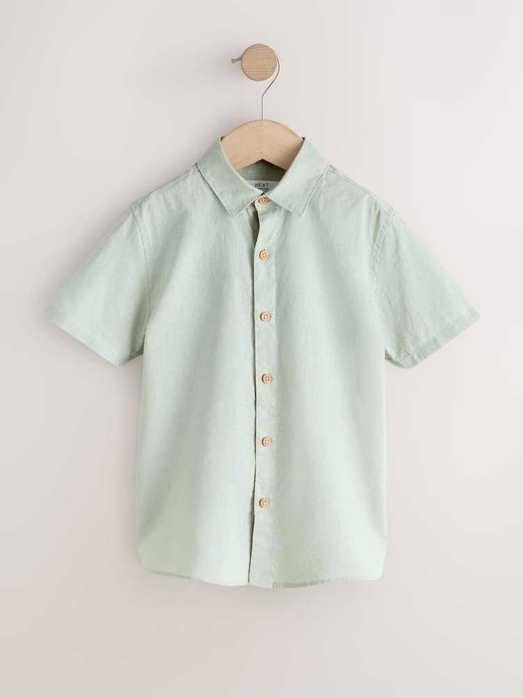 Green Short Sleeve Linen Blend Shirt (3-16yrs) - Image 1 of 4 Green Short Sleeve Linen Blend Shirt (3-16yrs) - Image 1 of 4