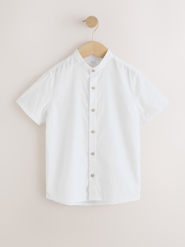 Balts - Short Sleeve Linen Blend Grandad Collar Shirt (3-16yrs) - Attēls 1 no 4