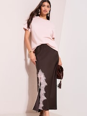 Friends Like These Purple Lace Trim Split Satin Maxi Skirt - Image 1 of 5