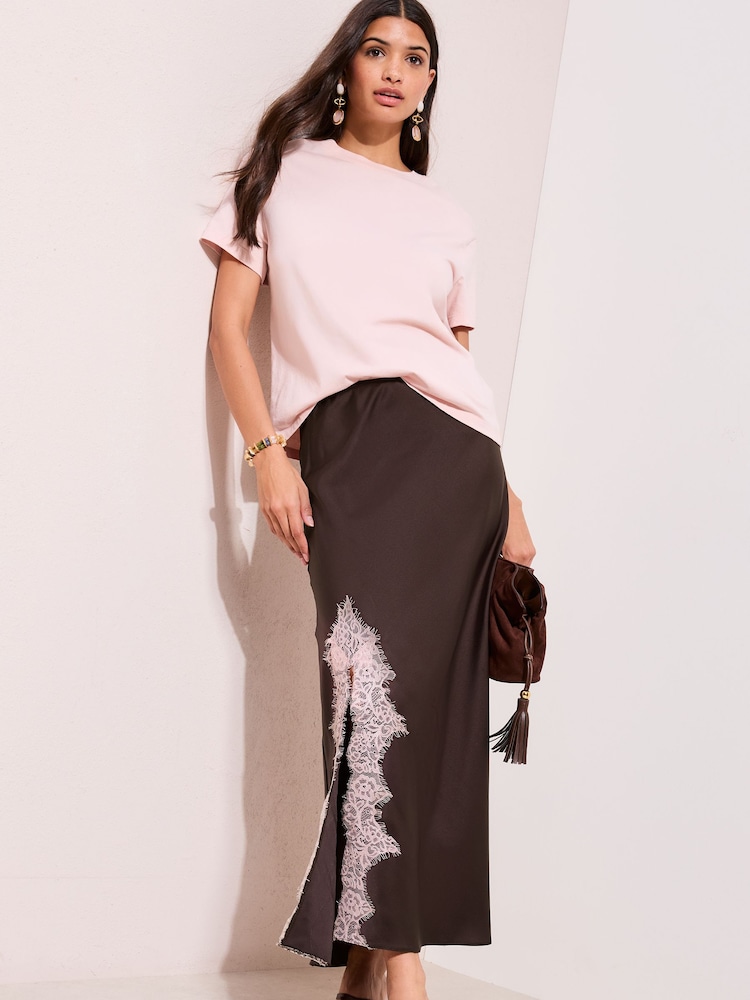 Friends Like These Purple Lace Trim Split Satin Maxi Skirt - Image 1 of 5
