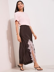 Friends Like These Purple Lace Trim Split Satin Maxi Skirt - Image 2 of 5
