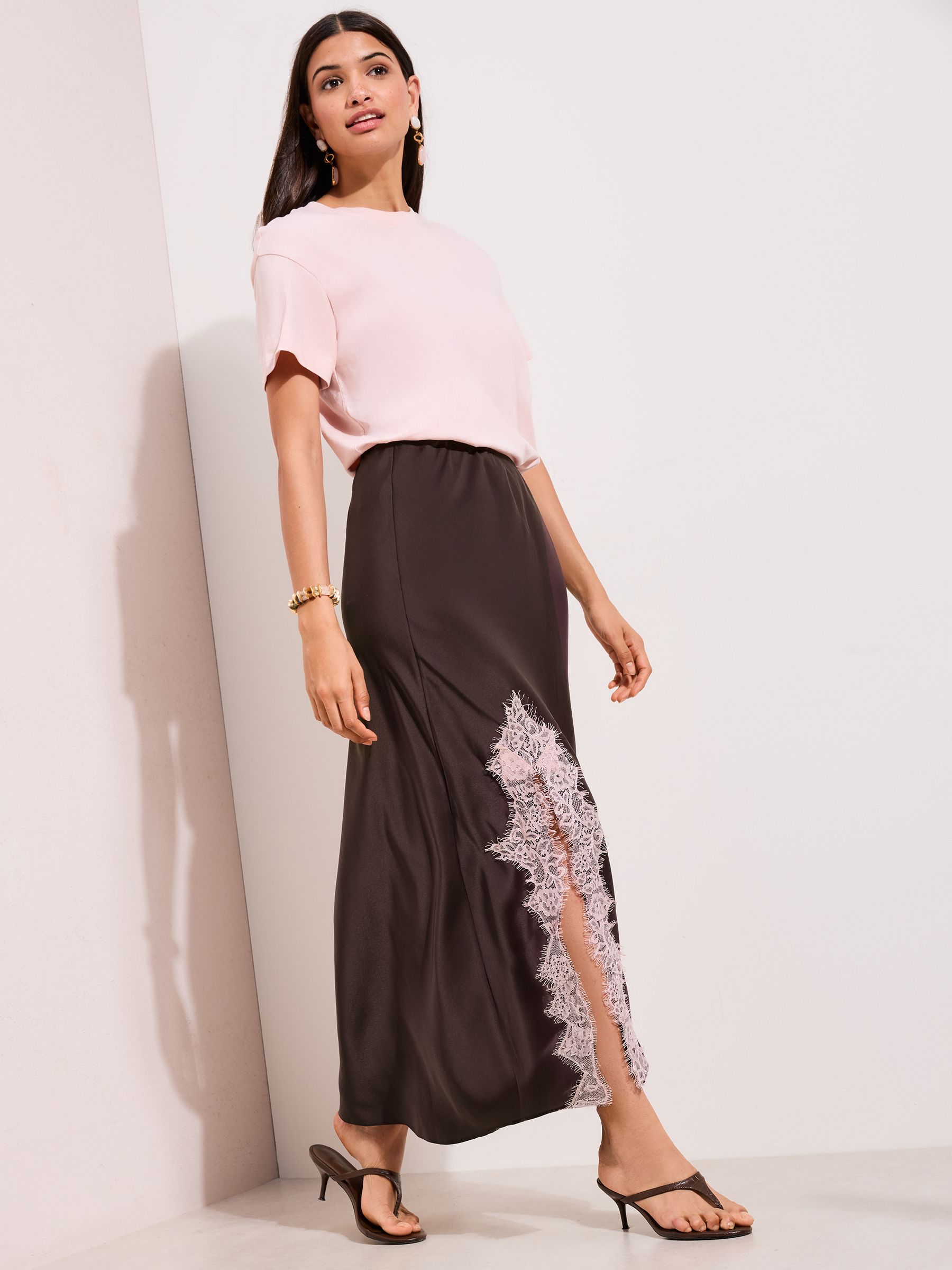 Buy Friends Like These Purple Lace Trim Split Satin Maxi Skirt