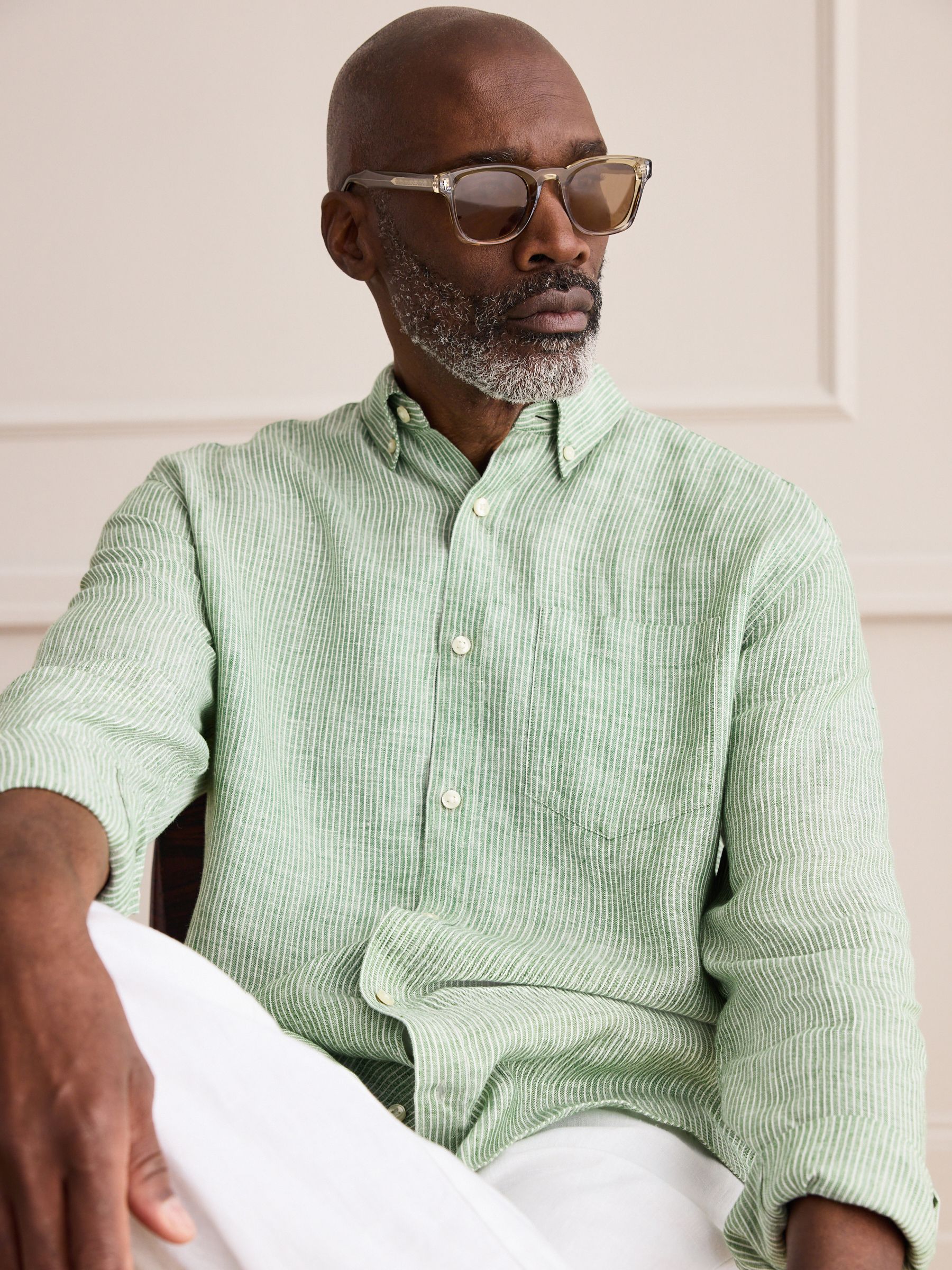 Buy Green Stripe Long Sleeve Signature 100% Linen Shirt from Next