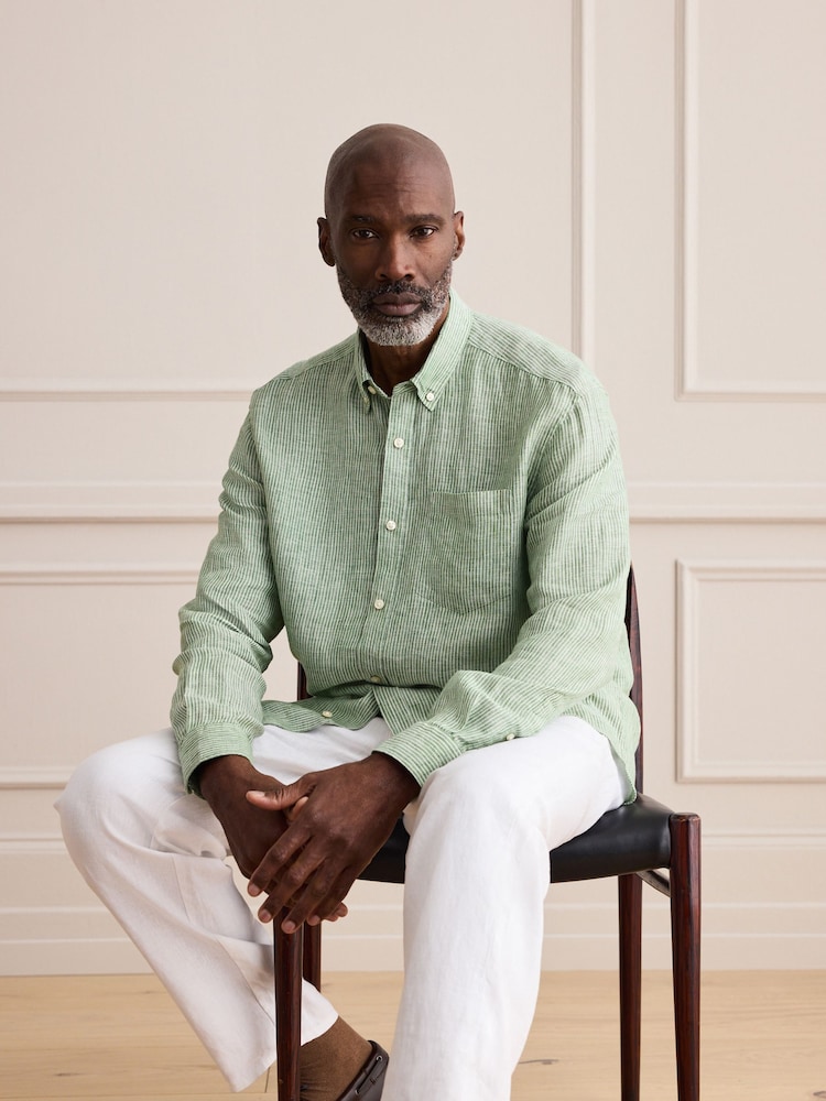 Mens Next Green Stripe Long Sleeve Signature 100% Linen Shirt