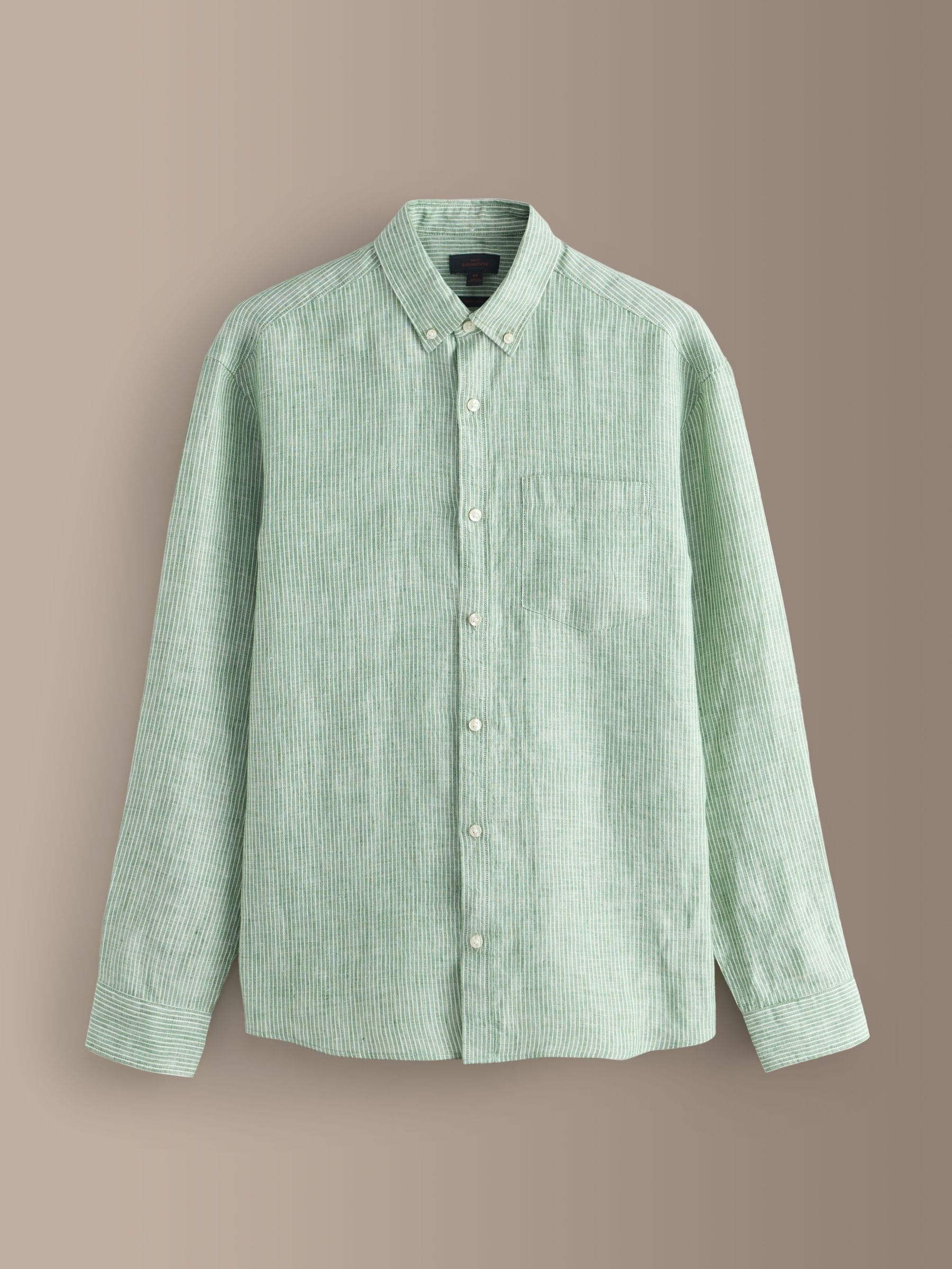 Buy Green Stripe Long Sleeve Signature 100% Linen Shirt from Next