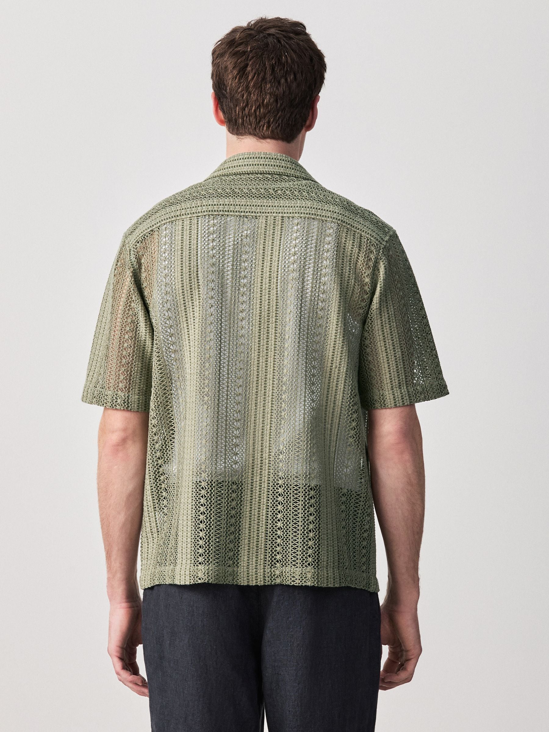 Buy Khaki Green Relaxed Fit Stripe Crochet Revere Collar Short
