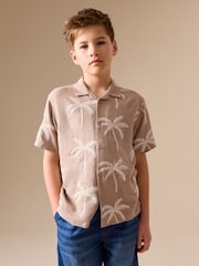 Taupe Brown Palm Embroidery - Cămașă cu guler revere și mânecă scurtă (3-16ani) - Imaginea 1 din 8