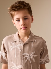 Taupe Brown Palm Embroidery - Cămașă cu guler revere și mânecă scurtă (3-16ani) - Imaginea 3 din 8