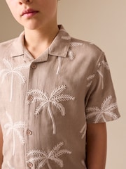 Taupe Brown Palm Embroidery - Cămașă cu guler revere și mânecă scurtă (3-16ani) - Imaginea 4 din 8
