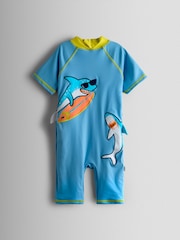 JoJo Maman Bébé Blue Shark Appliqué All-In-One Sun Protection Suit - Image 1 of 4