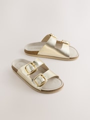Gold Leather Extra Wide Fit Double Strap Footbed Sandals - Image 1 of 5
