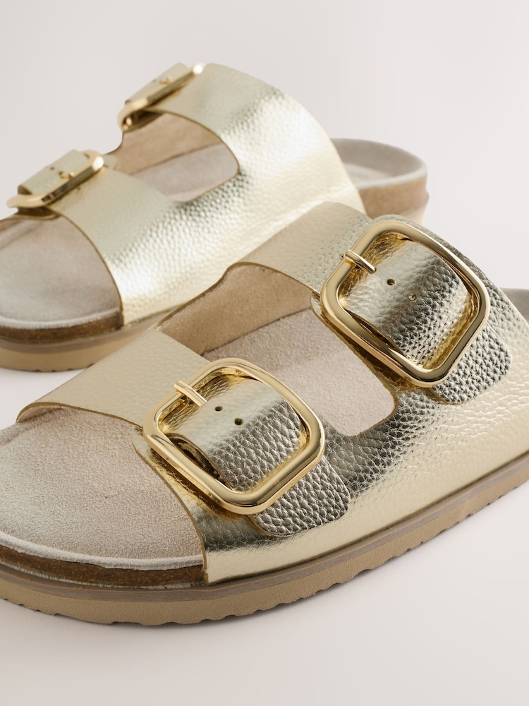 Gold Leather Extra Wide Fit Double Strap Footbed Sandals - Image 2 of 5