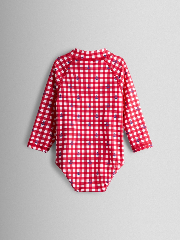 JoJo Maman Bébé Red Gingham Nautical Long Sleeve Sunsafe Swimsuit - Image 2 of 3