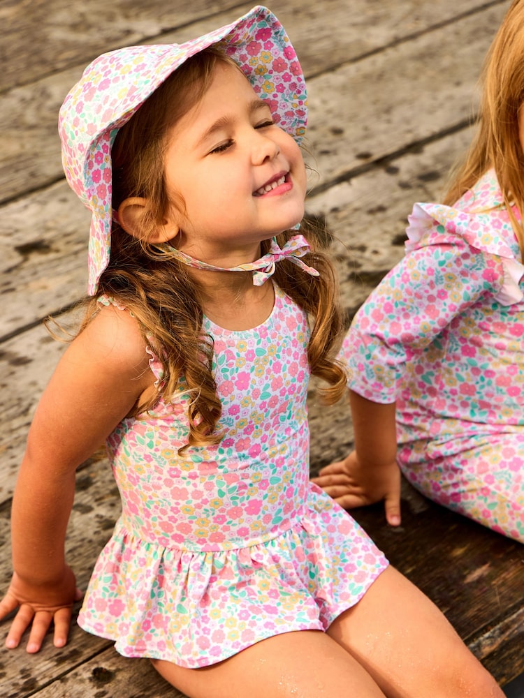 JoJo Maman Bébé Pink Ditsy Floral Frill Swimsuit - Image 1 of 4