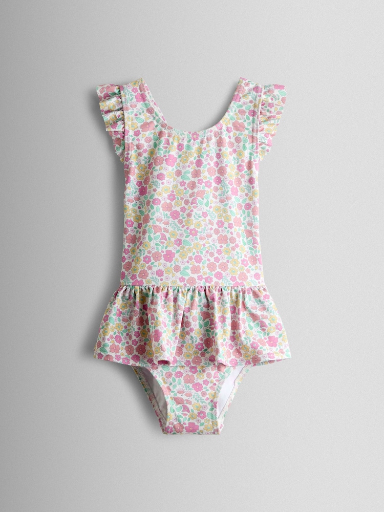 JoJo Maman Bébé Pink Ditsy Floral Frill Swimsuit - Image 2 of 4