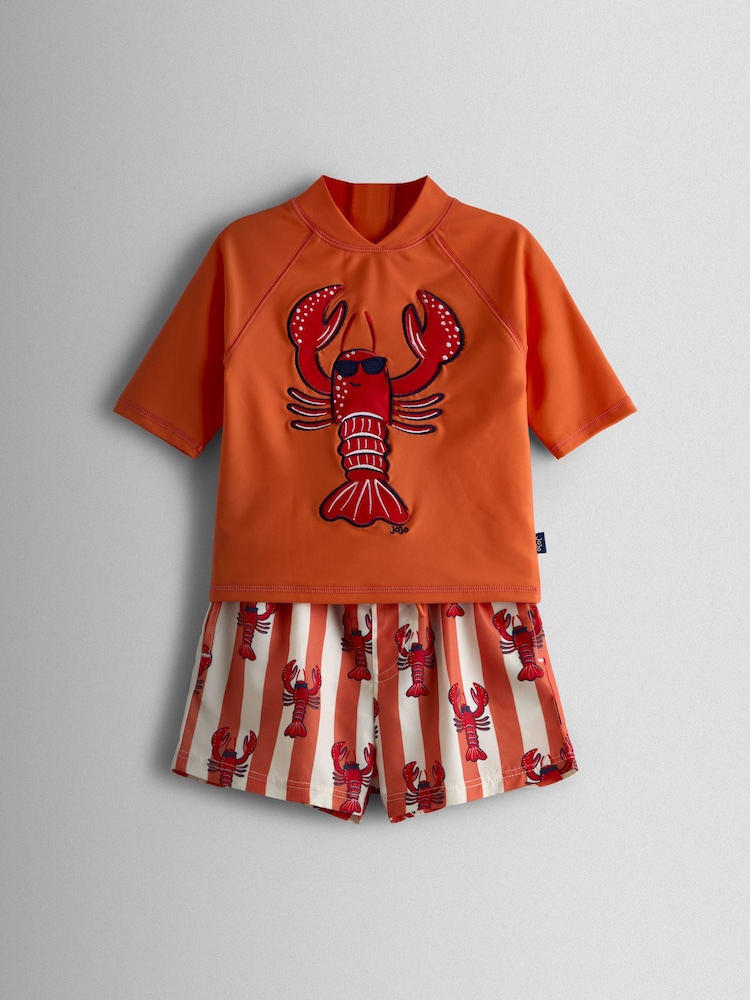 Lobster أحمر - JoJo Maman Bébé Appliqué Long Sleeve Rash Vest Set - Image 2 of 8