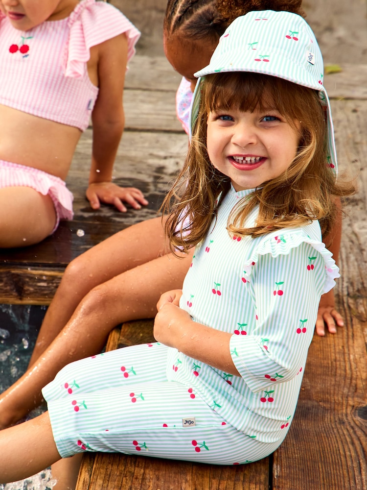 JoJo Maman Bébé Green Cherry Stripe All-In-One Sunsafe Suit - Image 1 of 1