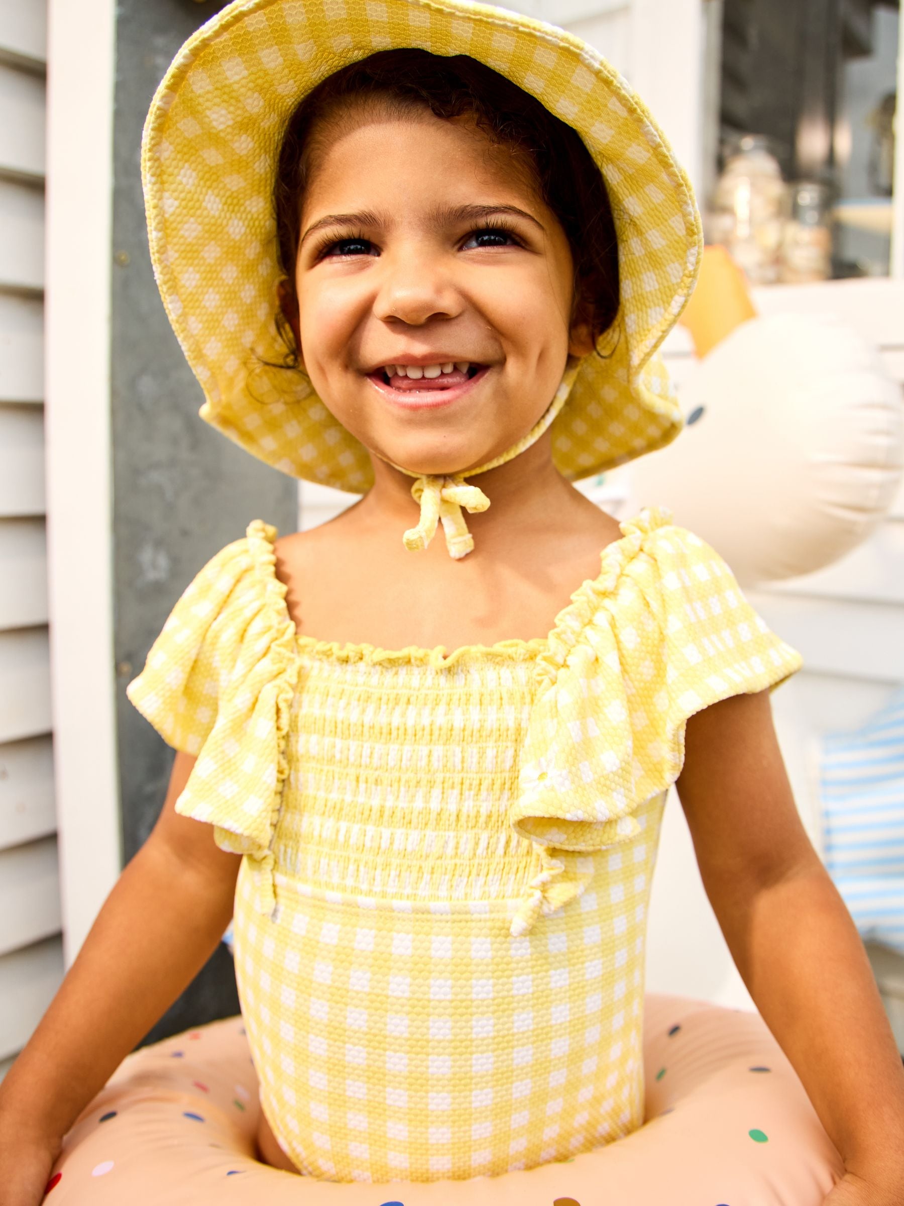 Jojo Maman Bébé Yellow Daisy Gingham Textured Frill Sleeve Swimsuit